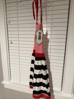 Envogue Red, Black & White Striped Kitchen Apron with Polka Dot Trim
